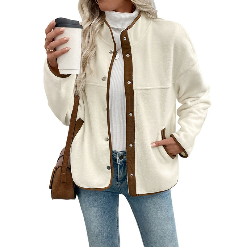 European And American Contrast Color Polar Fleece Cardigan Women's Fleece Short Stand-up Collar Casual Jacket
