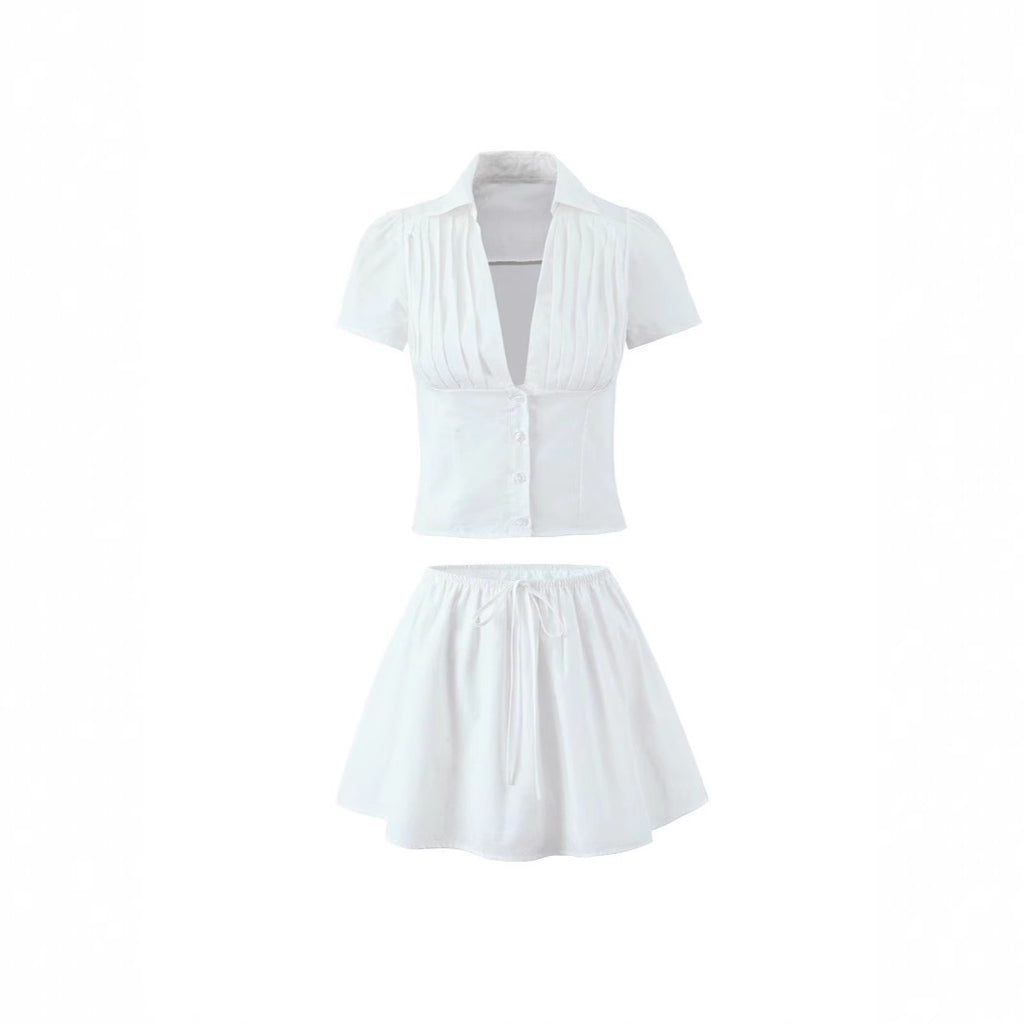Women's Solid Color Casual Top Waist Trimming Shirt Women's High Waist A- Line Skirt