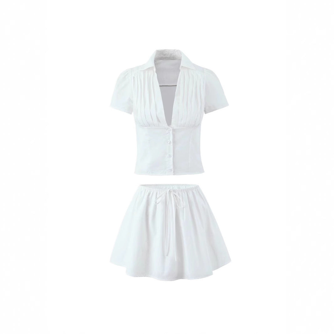 Women's Solid Color Casual Top Waist Trimming Shirt Women's High Waist A- Line Skirt