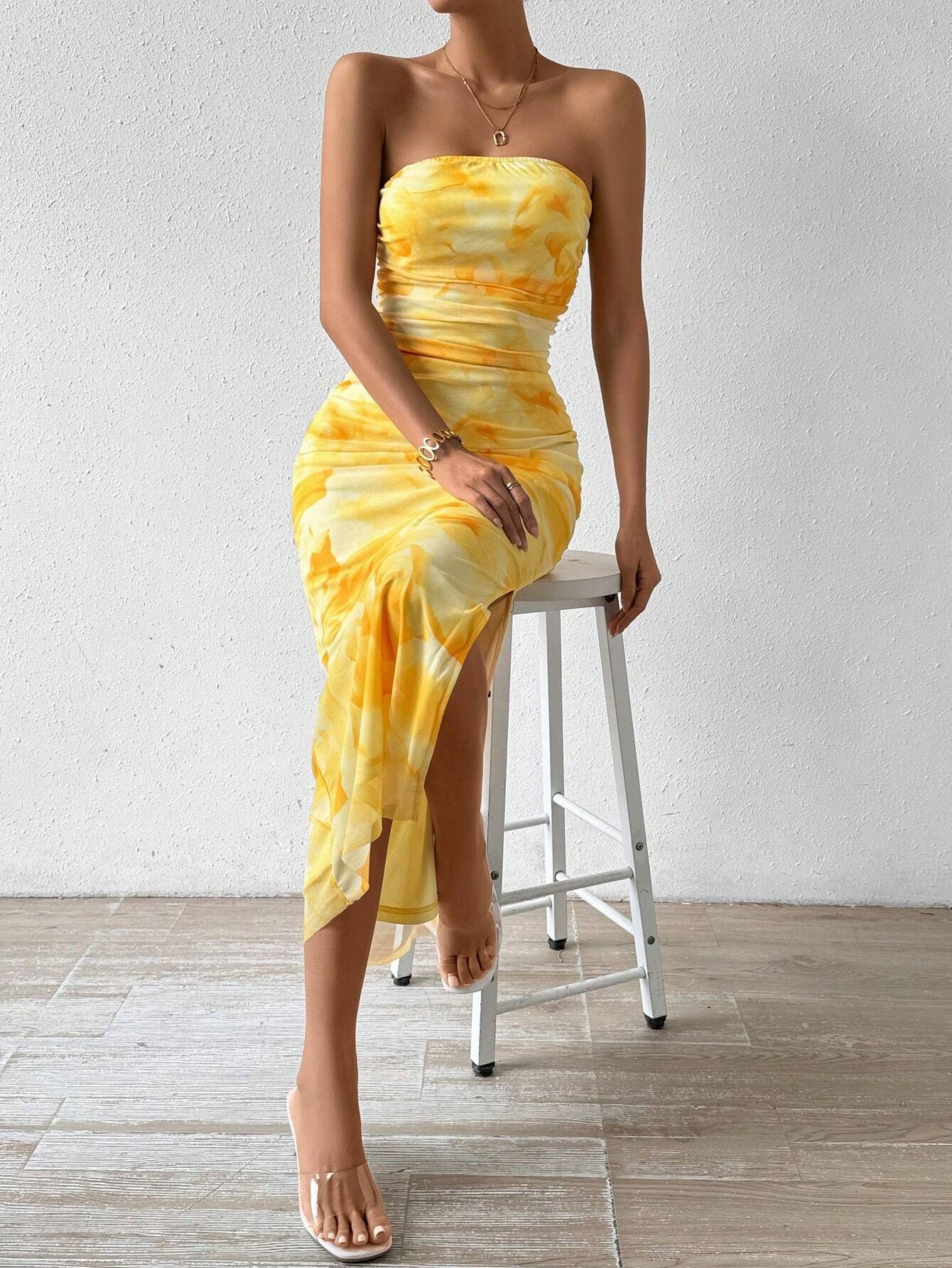 Mesh Floral Pleated Sexy Tight Fitting Slit Strapless Strapless Strapless Long Dress