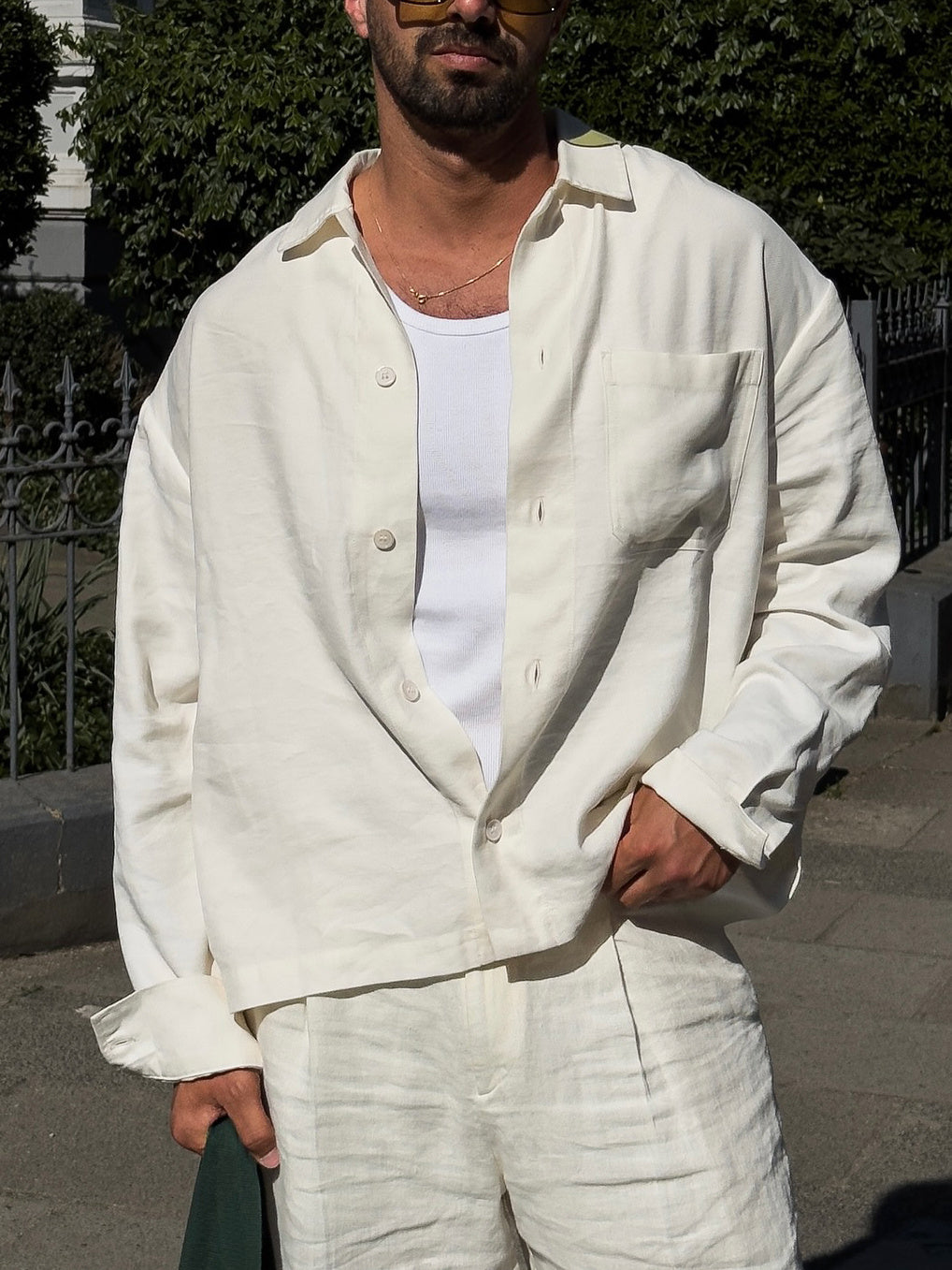 White Linen Shirt & Loose-fit Pants Set
