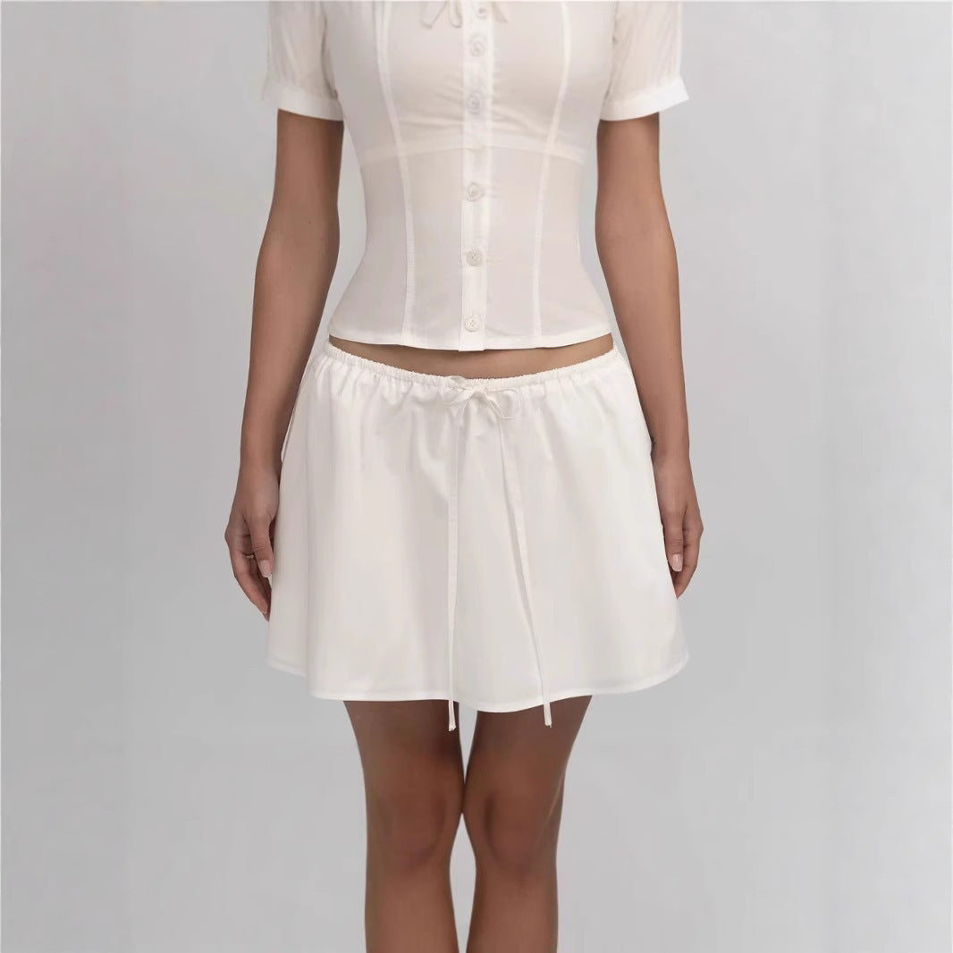 Women's Solid Color Casual Top Waist Trimming Shirt Women's High Waist A- Line Skirt