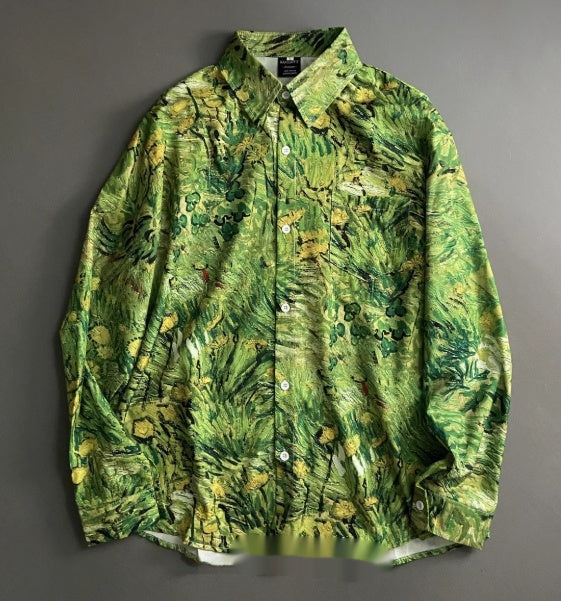 Grass Green Plant Oil Painting Floral Long Sleeve Shirt