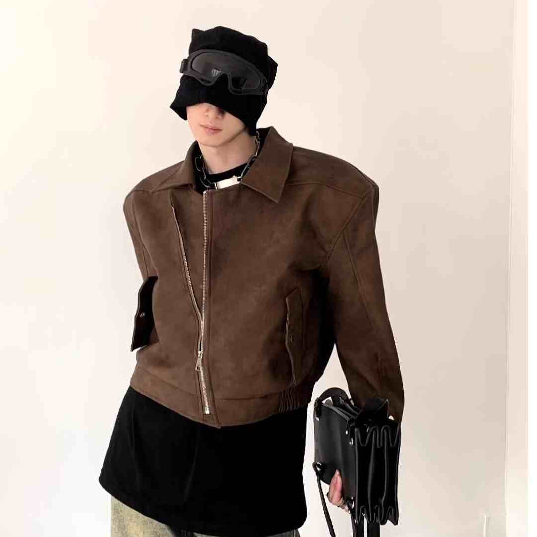 Short Padded Shoulder Brown Leather Coat Men's Pilot Jacket