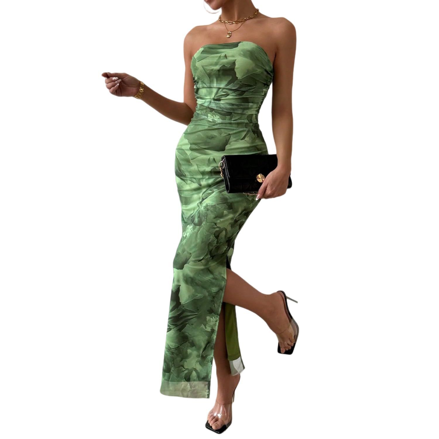 Mesh Floral Pleated Sexy Tight Fitting Slit Strapless Strapless Strapless Long Dress