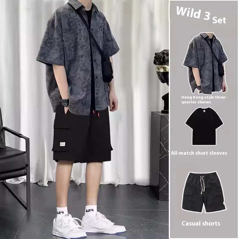 Summer Hong Kong Style Short Sleeve Shirt Coat Shorts Three-piece Suit