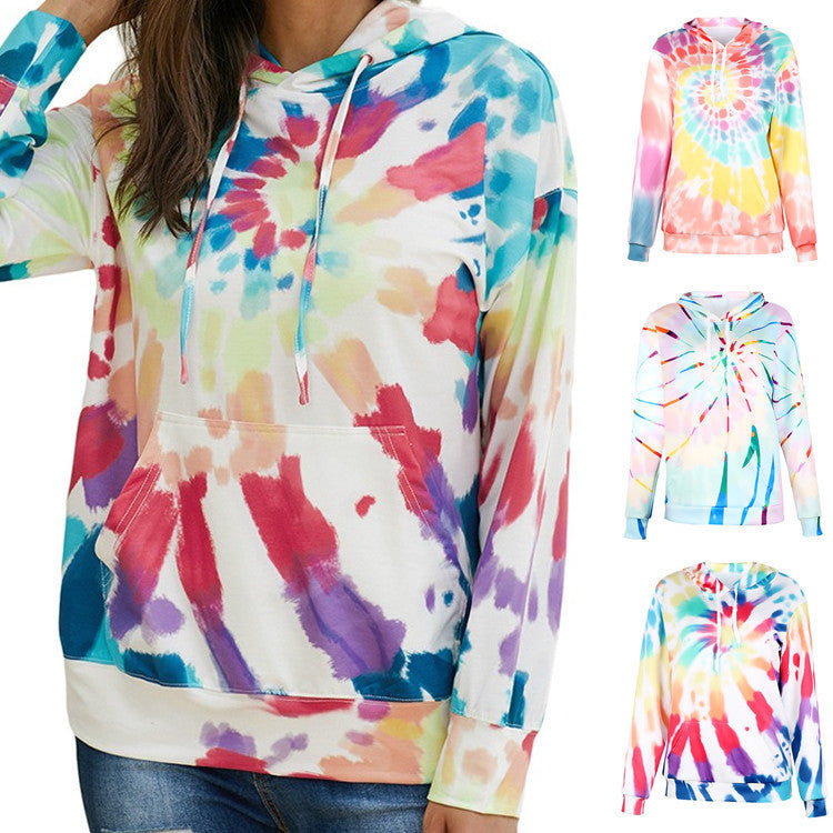 Women's Loose Tie-dyed Printed Hooded Long Sleeve Sweatshirt