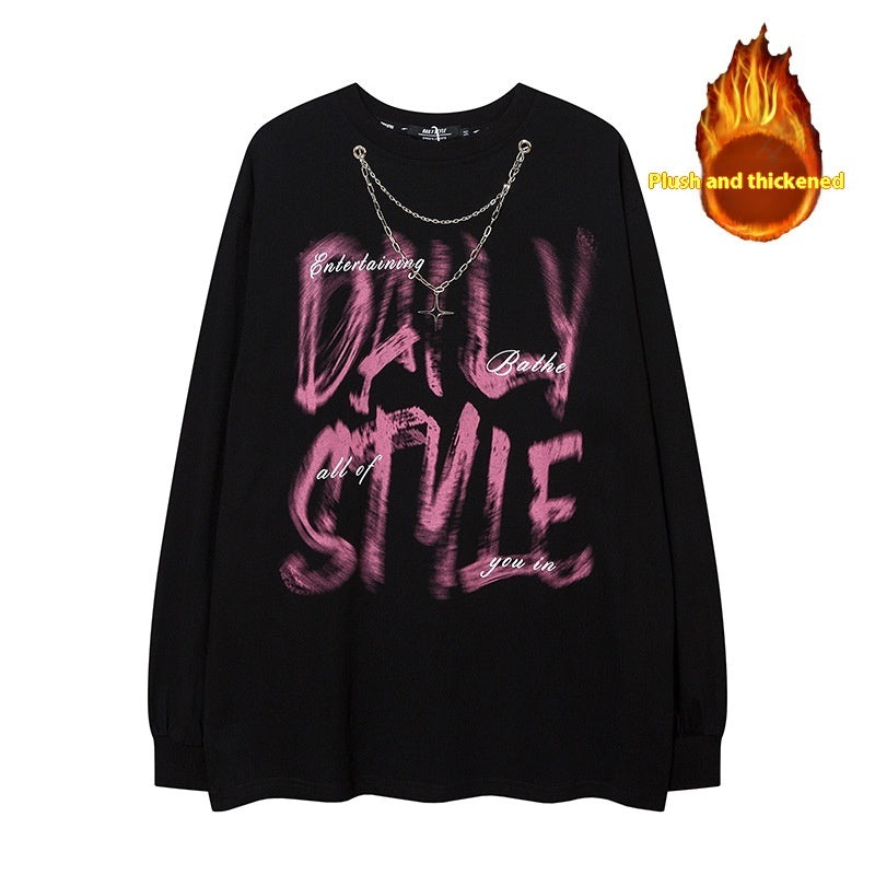 Hip Hop Design Fuzzy Letter Long Sleeve With Chain T-shirt Heavy Men