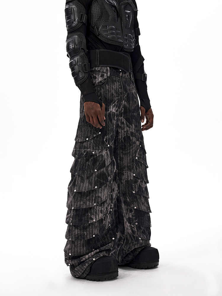 Deconstructed Rivet Machete Jeans Men's Retro Wide Leg Mop Pants
