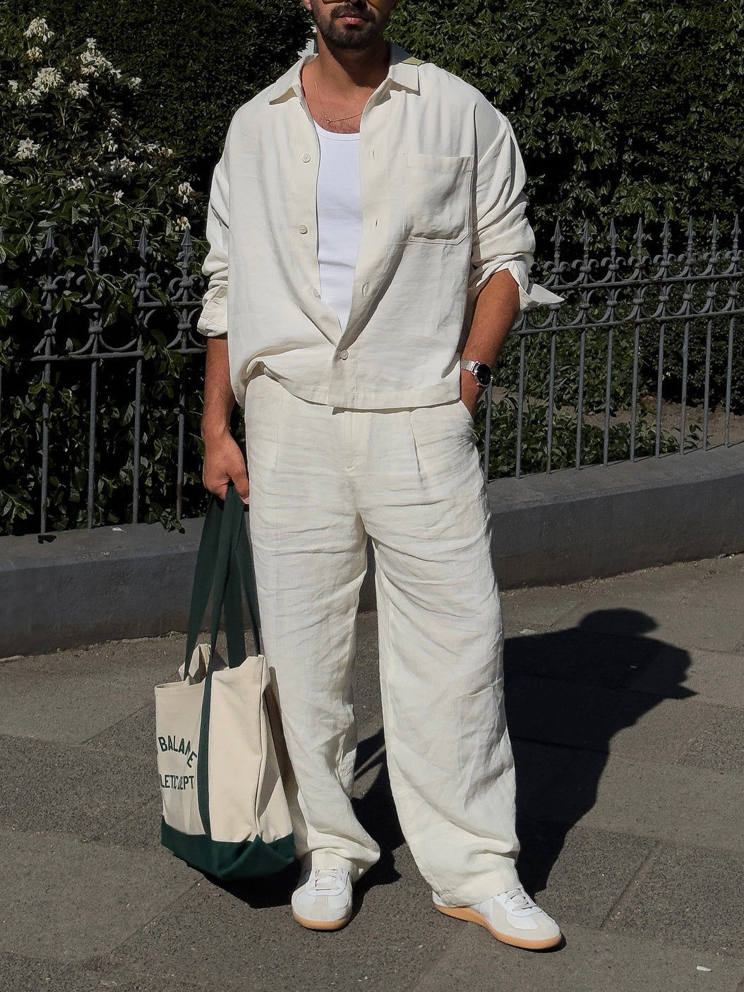 White Linen Shirt & Loose-fit Pants Set