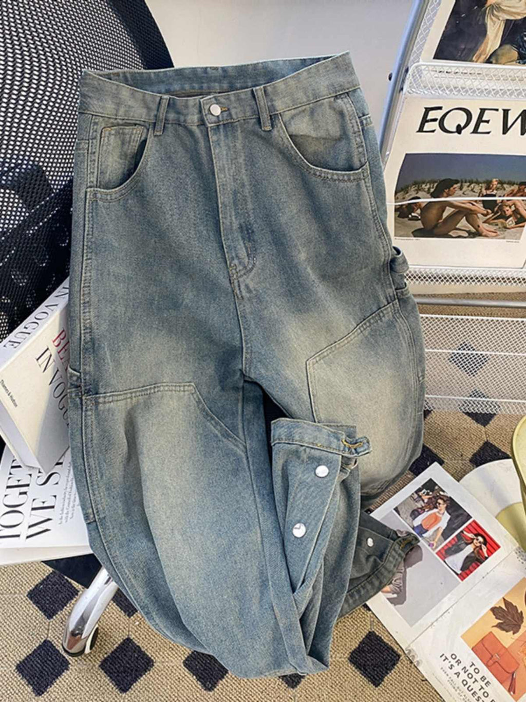 Split Breasted Jeans Men's Ins Trendy Straight Slightly Pull