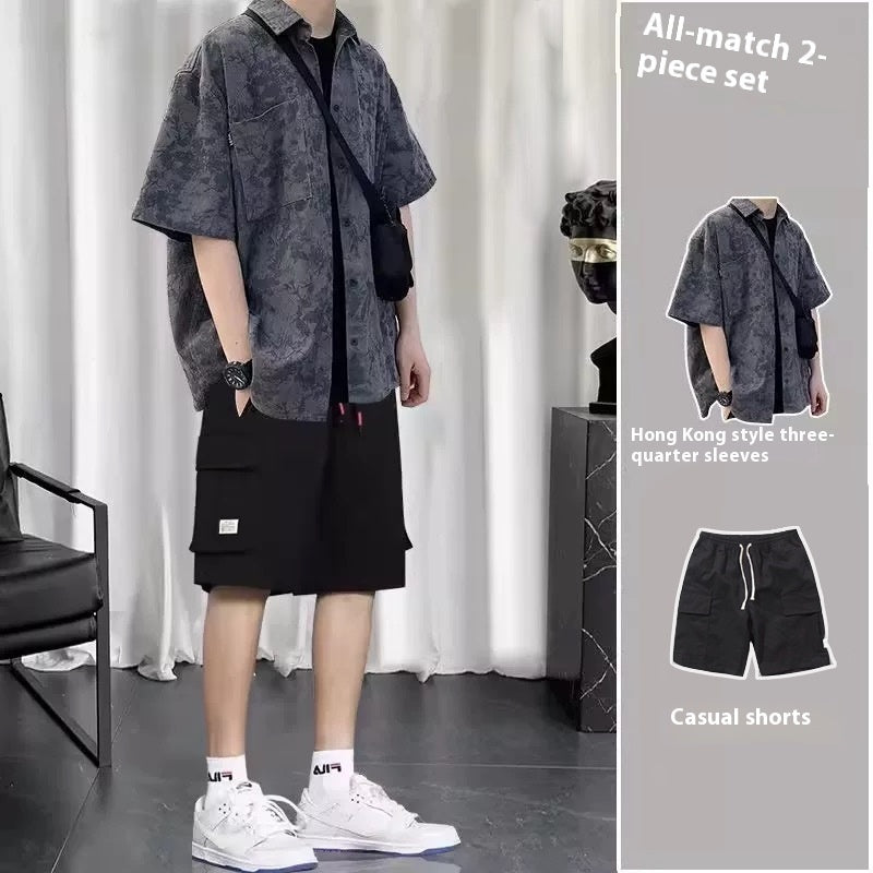 Summer Hong Kong Style Short Sleeve Shirt Coat Shorts Three-piece Suit