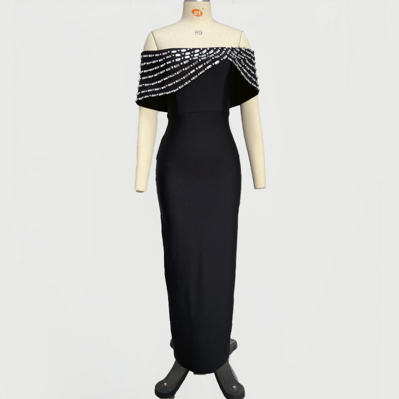 Off-shoulder Handmade Diamond Strip Dress Evening Dress