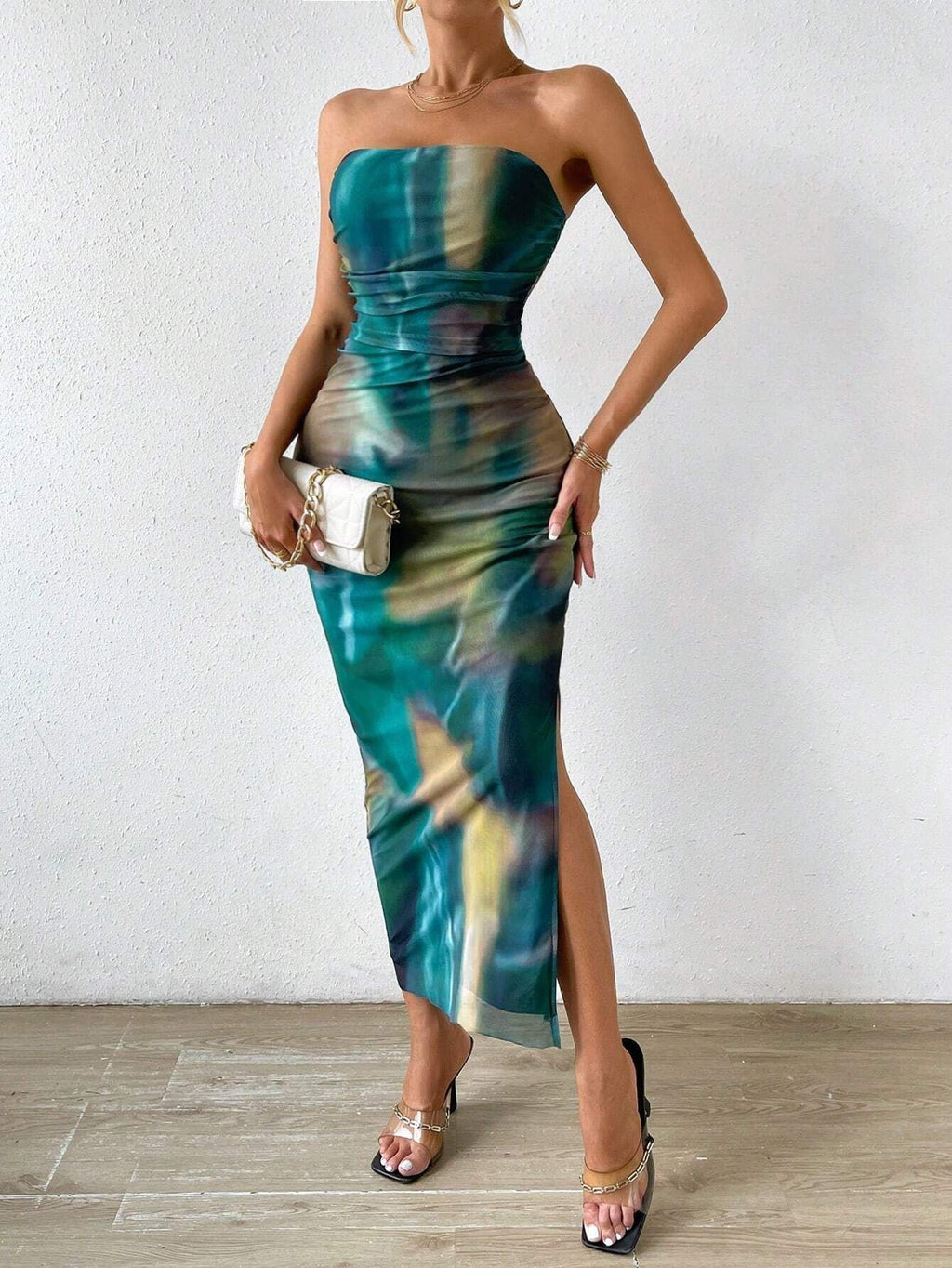 Mesh Floral Pleated Sexy Tight Fitting Slit Strapless Strapless Strapless Long Dress