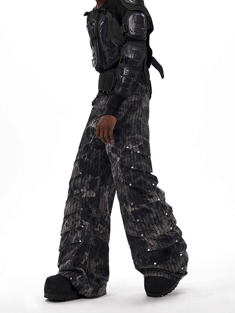 Deconstructed Rivet Machete Jeans Men's Retro Wide Leg Mop Pants
