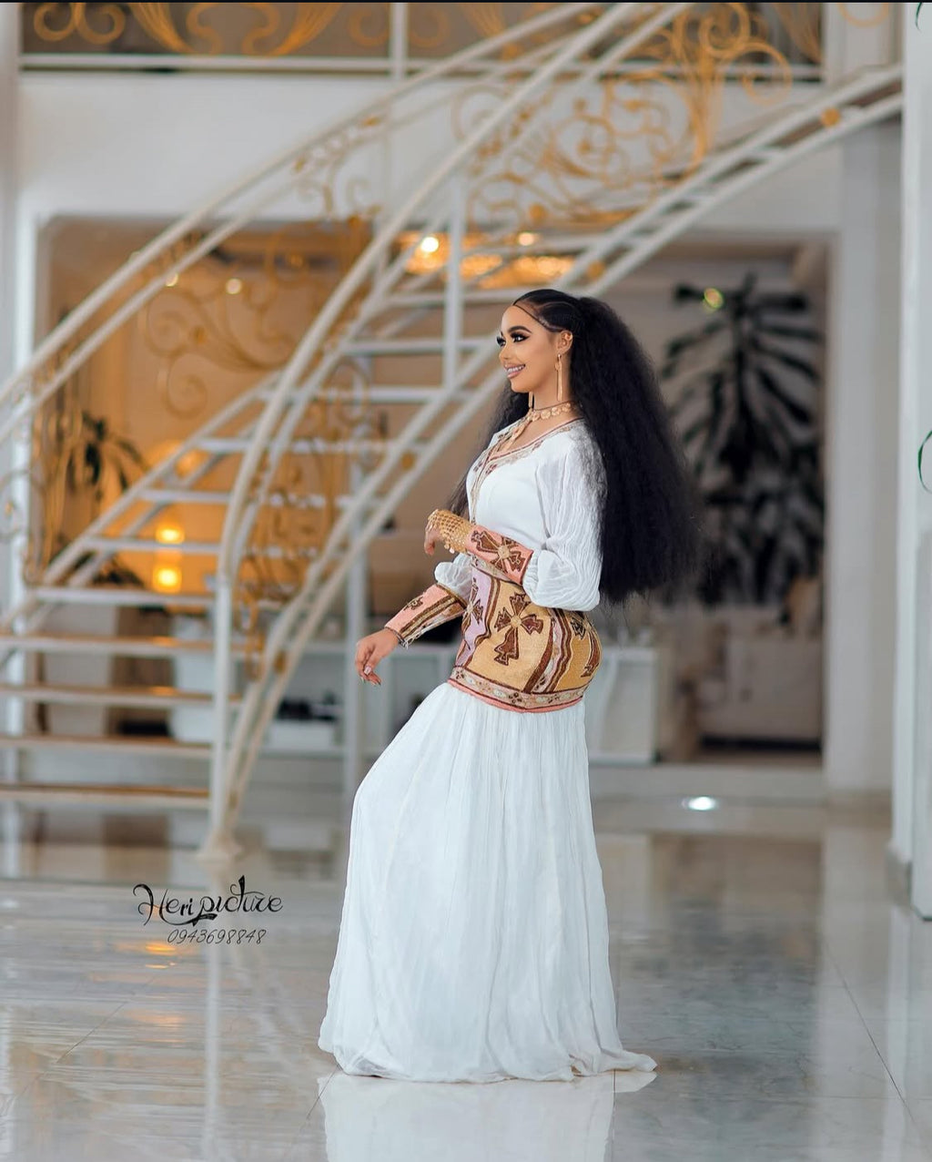 Habesh Woman's white dress (ጥልፊ ናይ ሓበሻ)