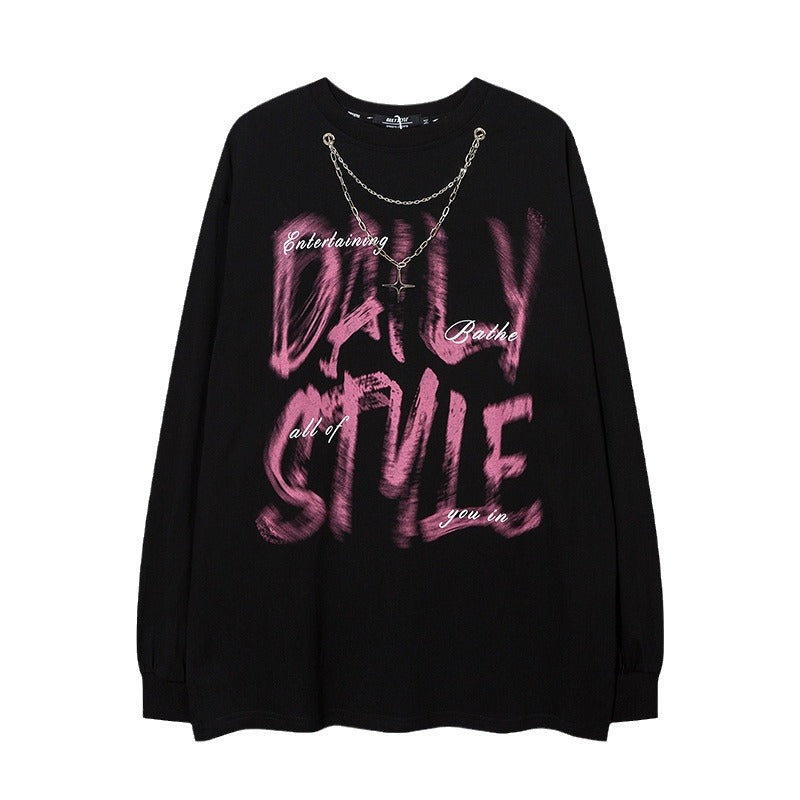 Hip Hop Design Fuzzy Letter Long Sleeve With Chain T-shirt Heavy Men