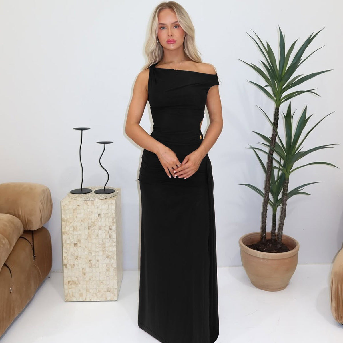 Women's Slant Shoulder Side Slit Dress