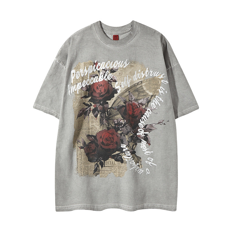 Rose Flower Printed Short-sleeved T-shirt