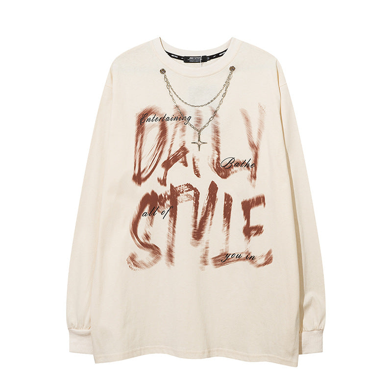 Hip Hop Design Fuzzy Letter Long Sleeve With Chain T-shirt Heavy Men