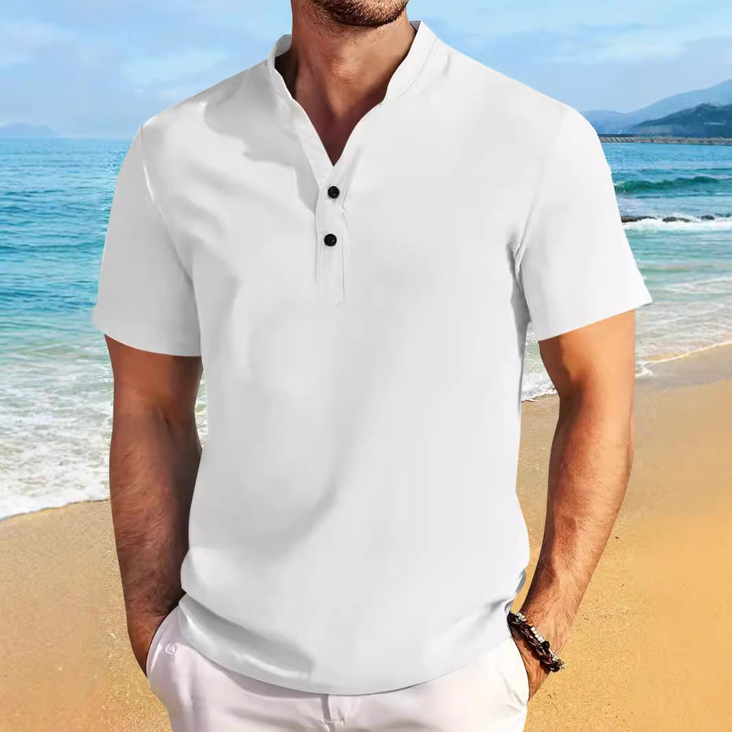 Retro Short Sleeve Stand Collar Casual Henley Shirt Top