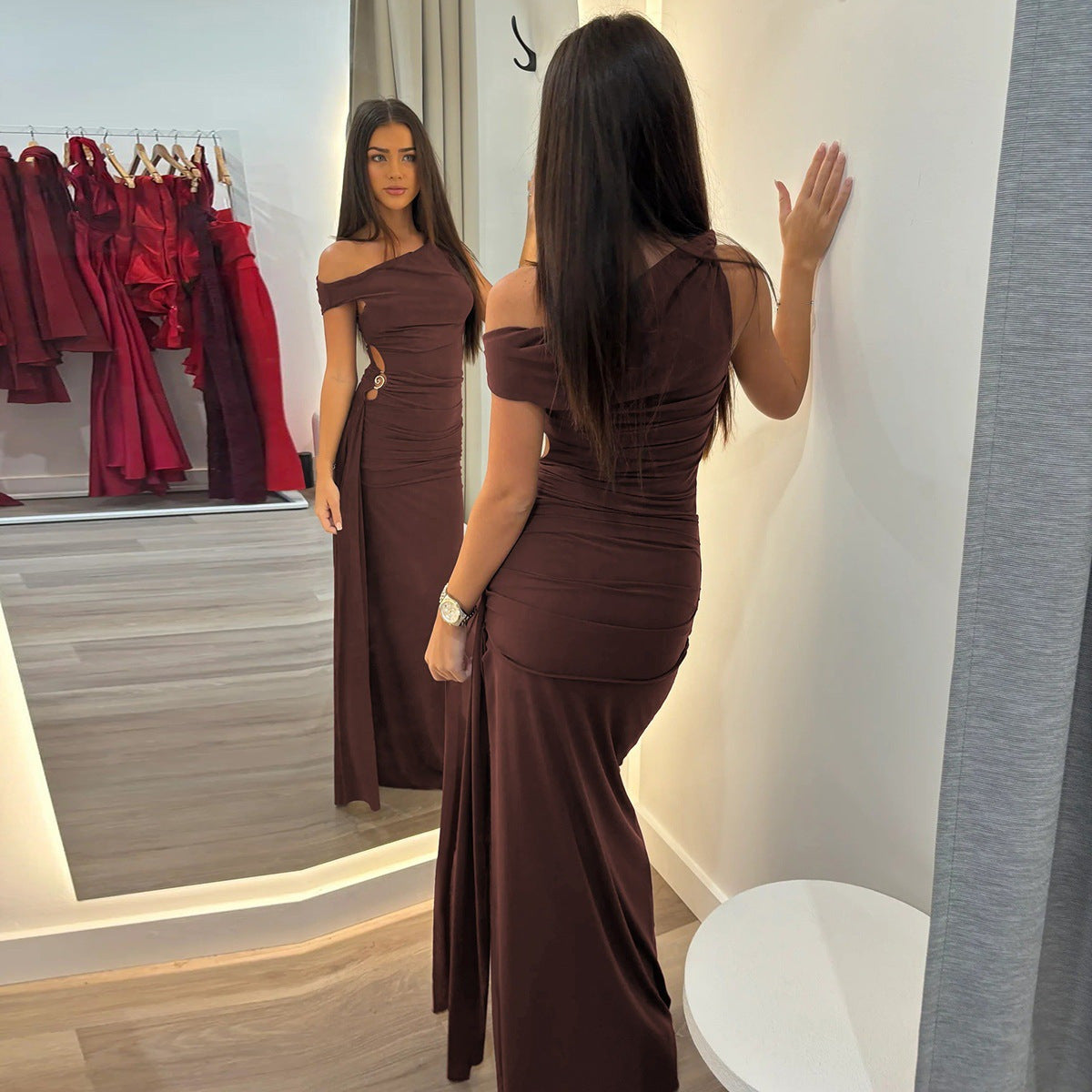 Women's Slant Shoulder Side Slit Dress