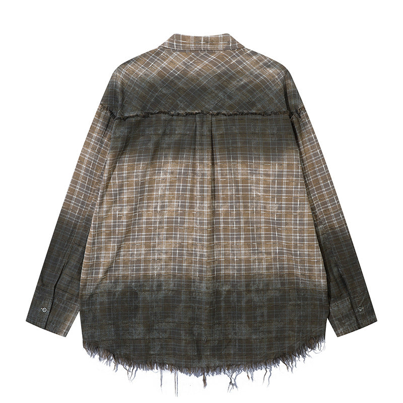 Gradient Plaid Shirt New Distressed Raw Edges