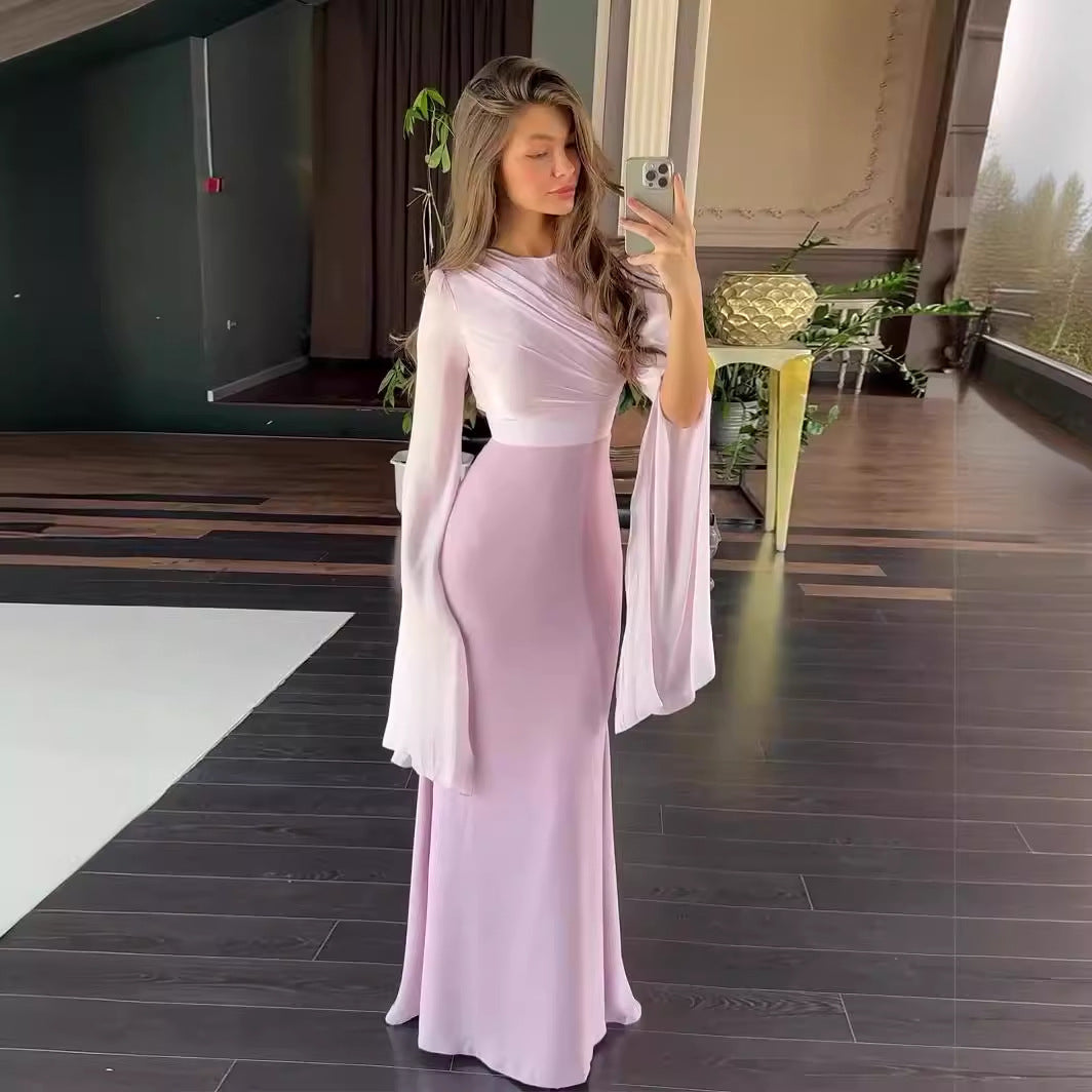 Summer Stitching Glass Yarn Large Swing Sleeve Length Satin Slim Fit Dress
