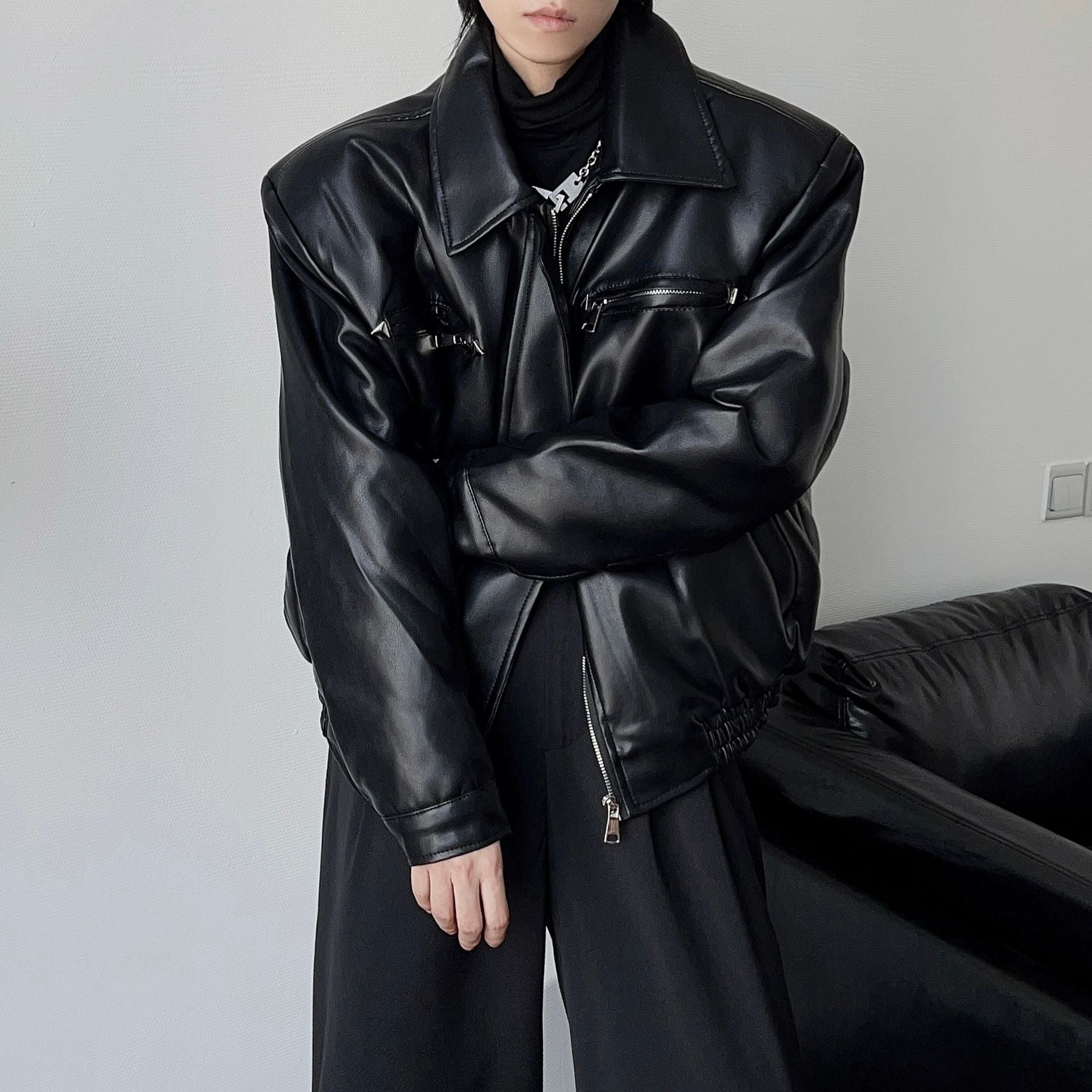 Men's High-grade Profile Casual Retro Metal Buckle Motorcycle Leather Coat