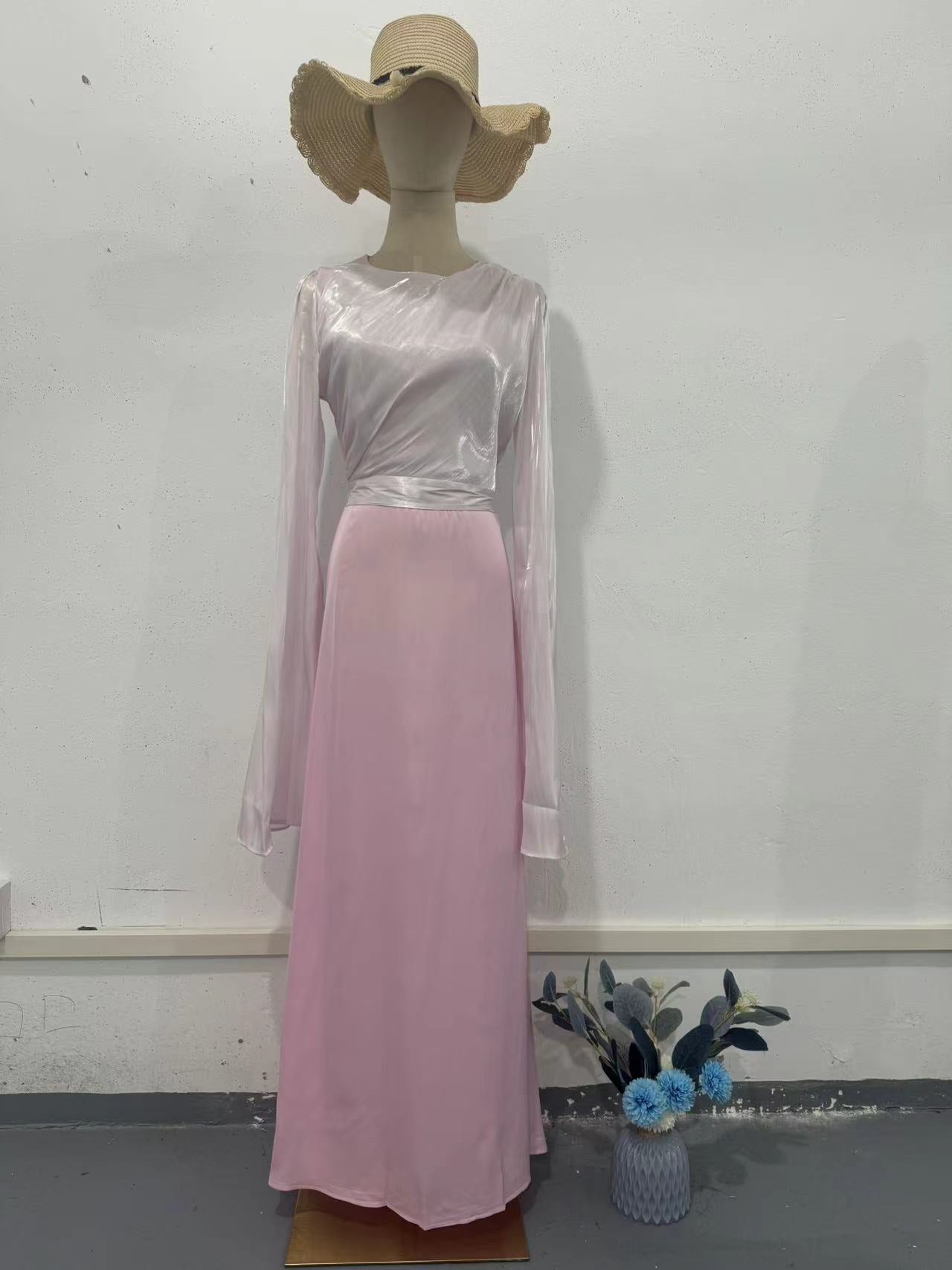Summer Stitching Glass Yarn Large Swing Sleeve Length Satin Slim Fit Dress