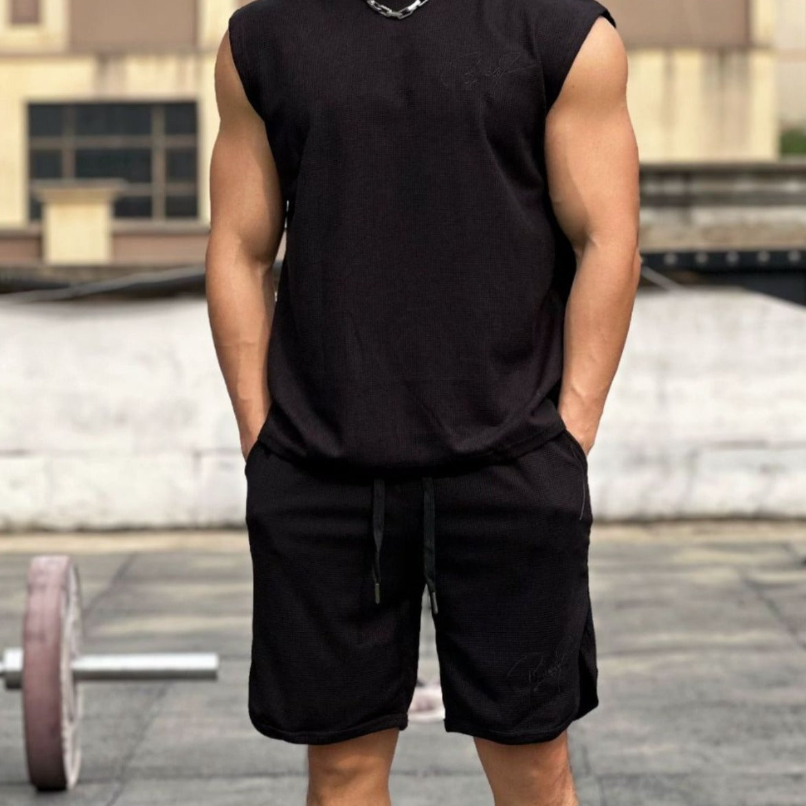 Men's Shorts Waffle American Solid Color Running Fitness Sports Casual Shorts