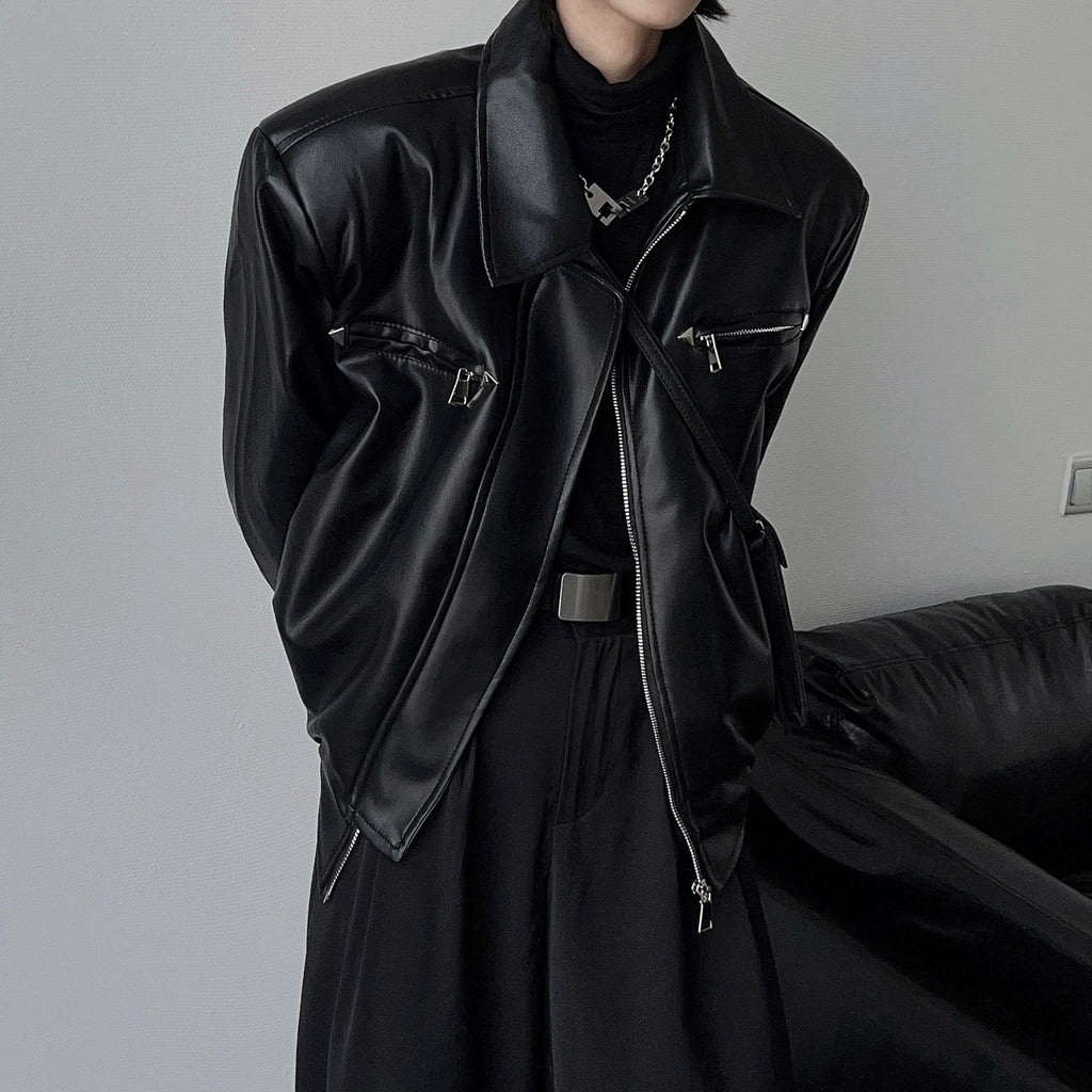 Men's High-grade Profile Casual Retro Metal Buckle Motorcycle Leather Coat