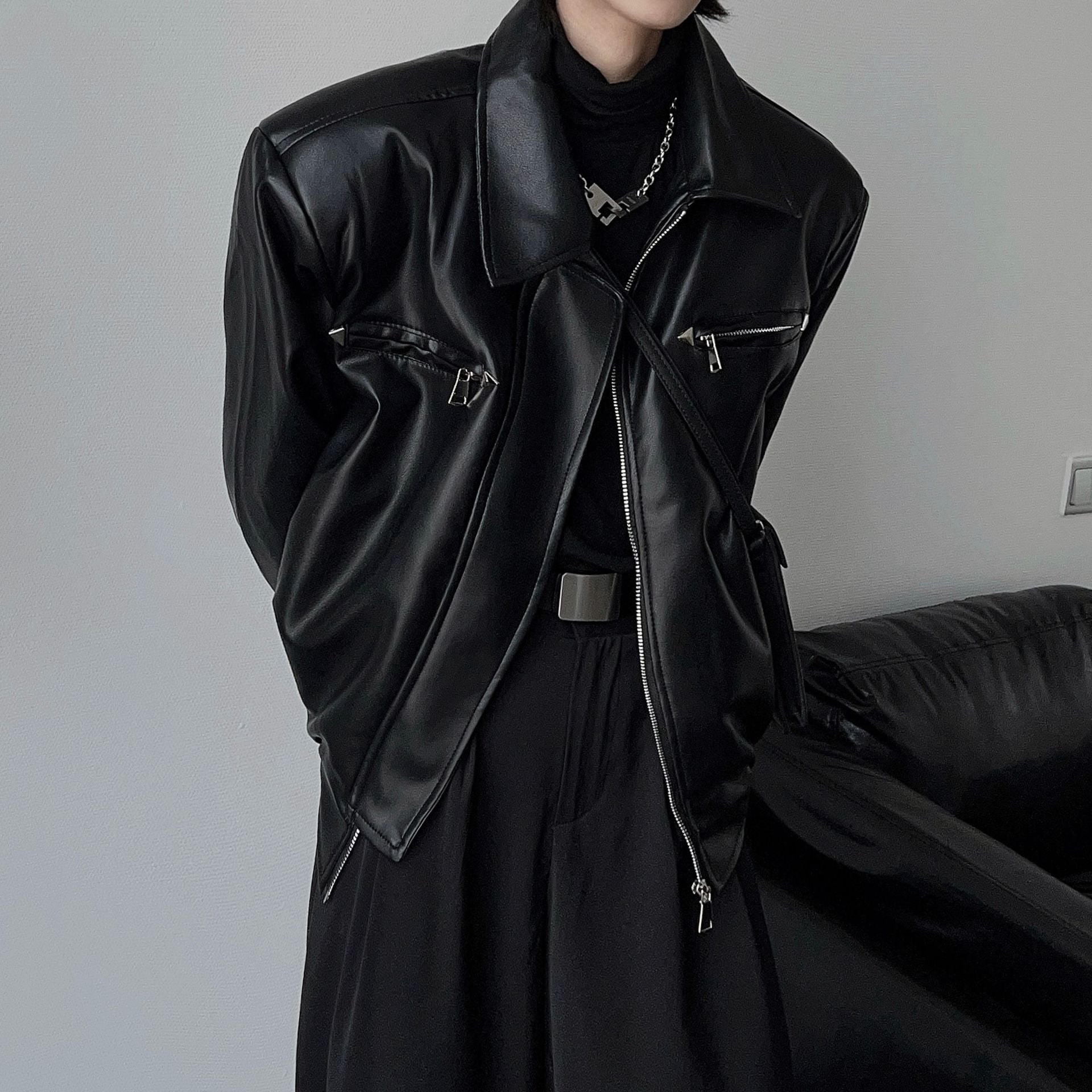 Men's High-grade Profile Casual Retro Metal Buckle Motorcycle Leather Coat