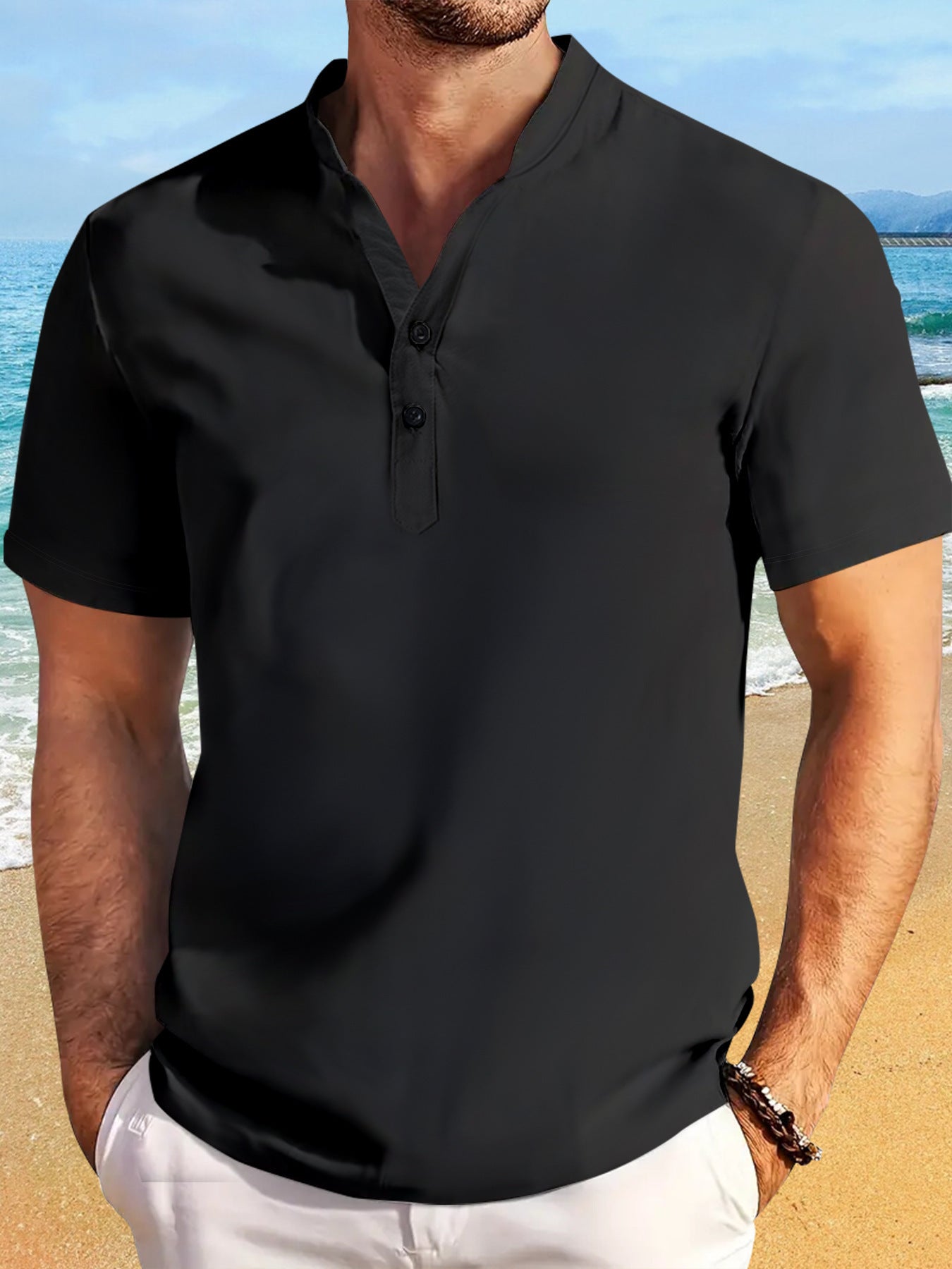 Retro Short Sleeve Stand Collar Casual Henley Shirt Top