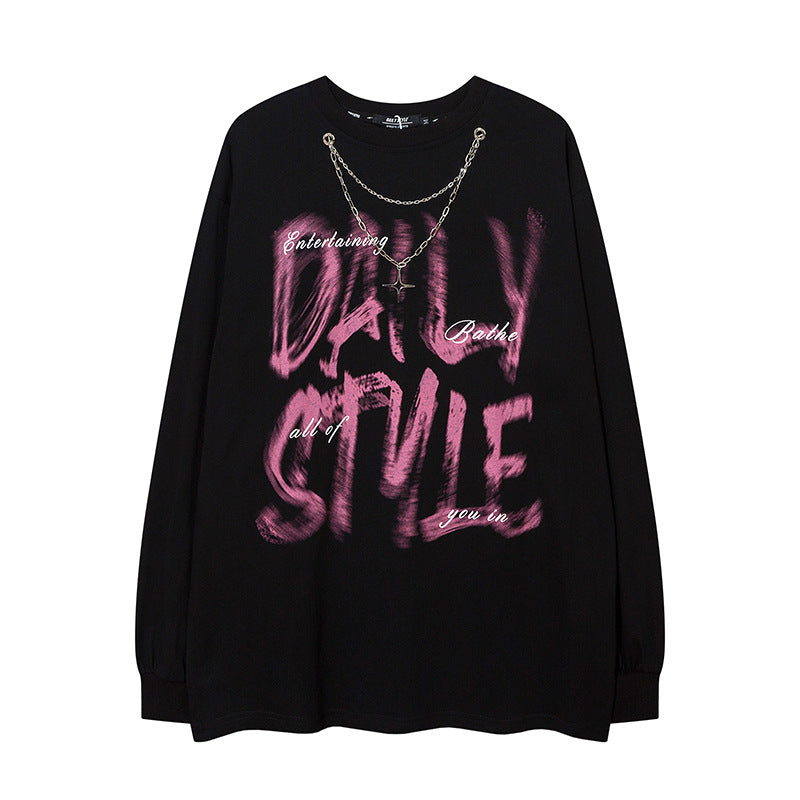 Hip Hop Design Fuzzy Letter Long Sleeve With Chain T-shirt Heavy Men