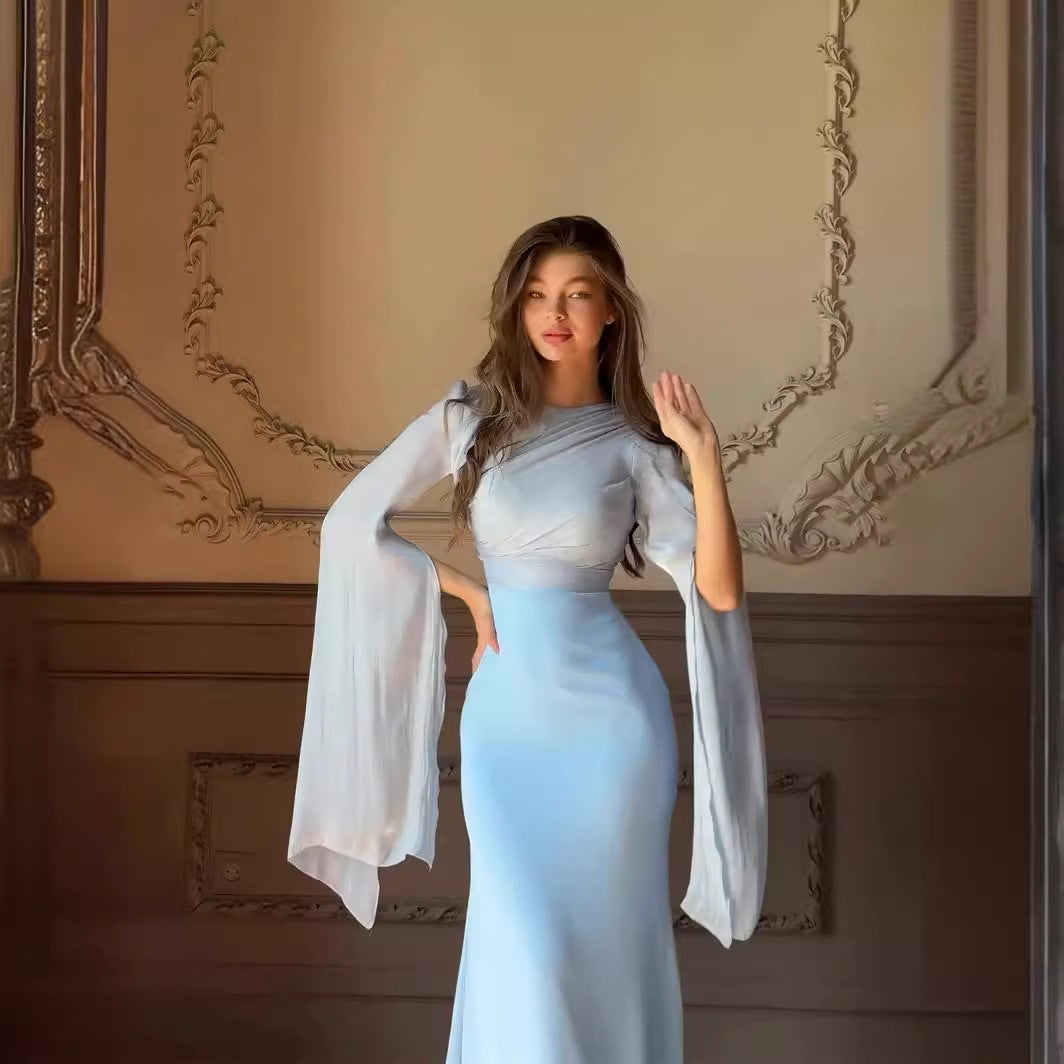 Summer Stitching Glass Yarn Large Swing Sleeve Length Satin Slim Fit Dress