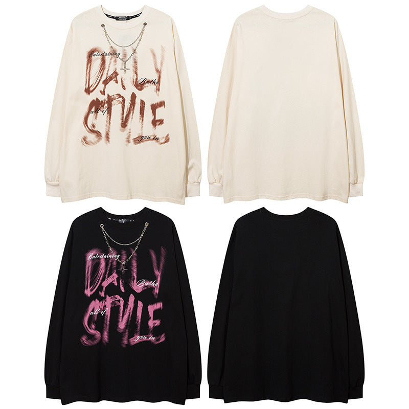 Hip Hop Design Fuzzy Letter Long Sleeve With Chain T-shirt Heavy Men