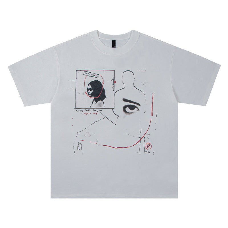 Washed And Worn Design Faded Illusory Face Print Short Sleeve Loose
