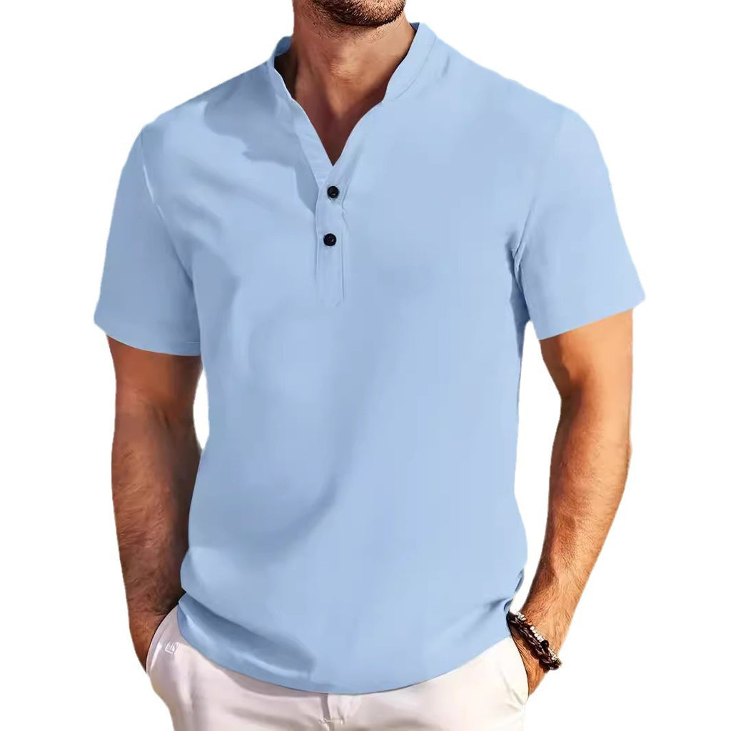 Retro Short Sleeve Stand Collar Casual Henley Shirt Top