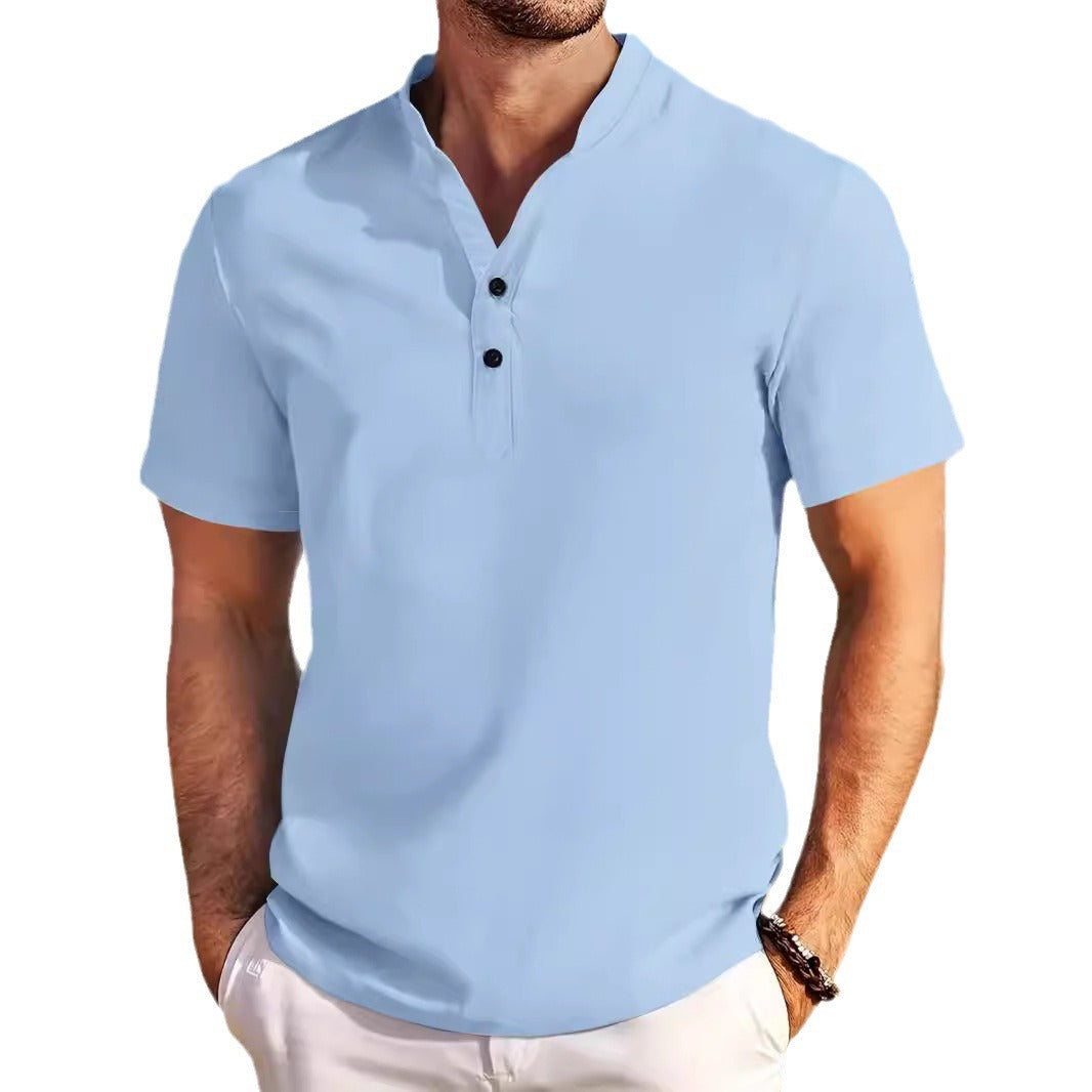Retro Short Sleeve Stand Collar Casual Henley Shirt Top