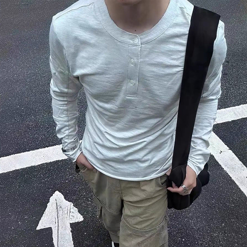 Cotton Henry Collar Embroidered Light Luxury Long-sleeved T-shirt Men And Women Same Style Top
