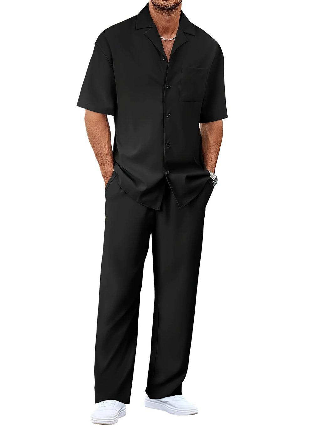 Men's Trousers Suit Fashion Lapel Button Short Sleeve Shirt And Pocket Straight Pants Clothing