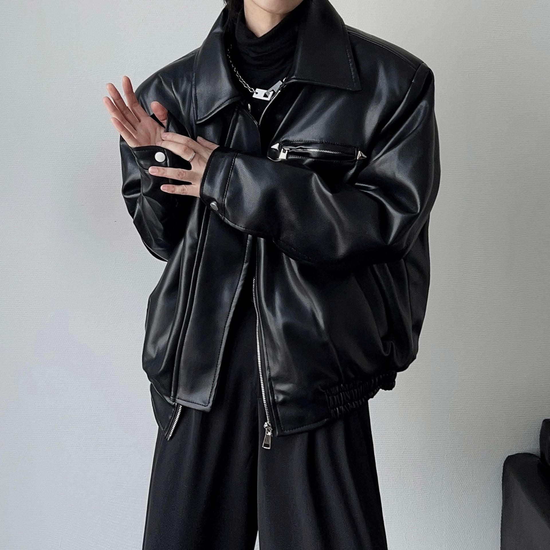 Men's High-grade Profile Casual Retro Metal Buckle Motorcycle Leather Coat