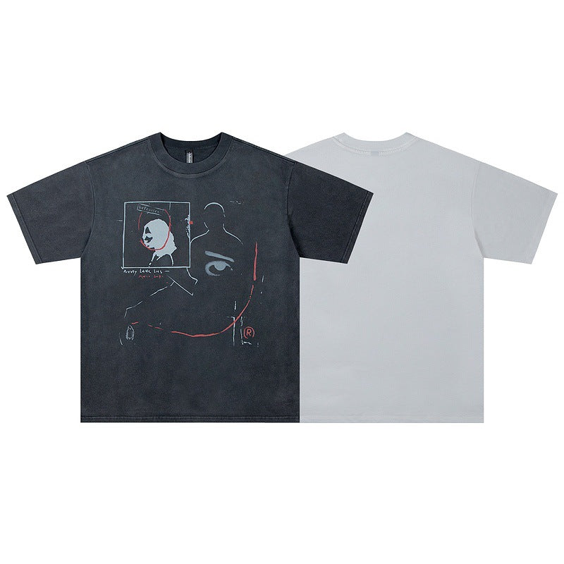 Washed And Worn Design Faded Illusory Face Print Short Sleeve Loose