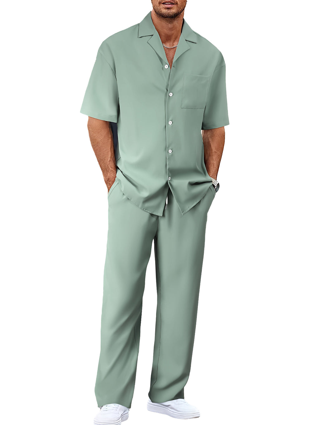 Men's Trousers Suit Fashion Lapel Button Short Sleeve Shirt And Pocket Straight Pants Clothing