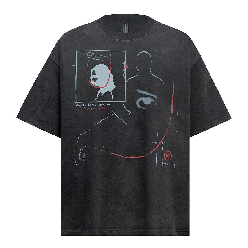 Washed And Worn Design Faded Illusory Face Print Short Sleeve Loose