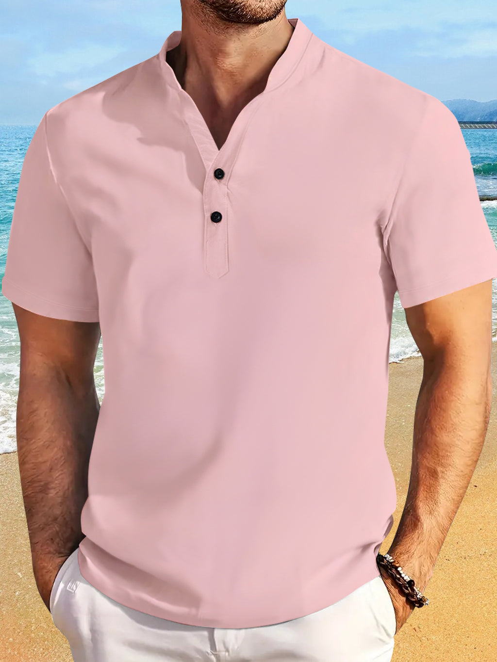 Retro Short Sleeve Stand Collar Casual Henley Shirt Top