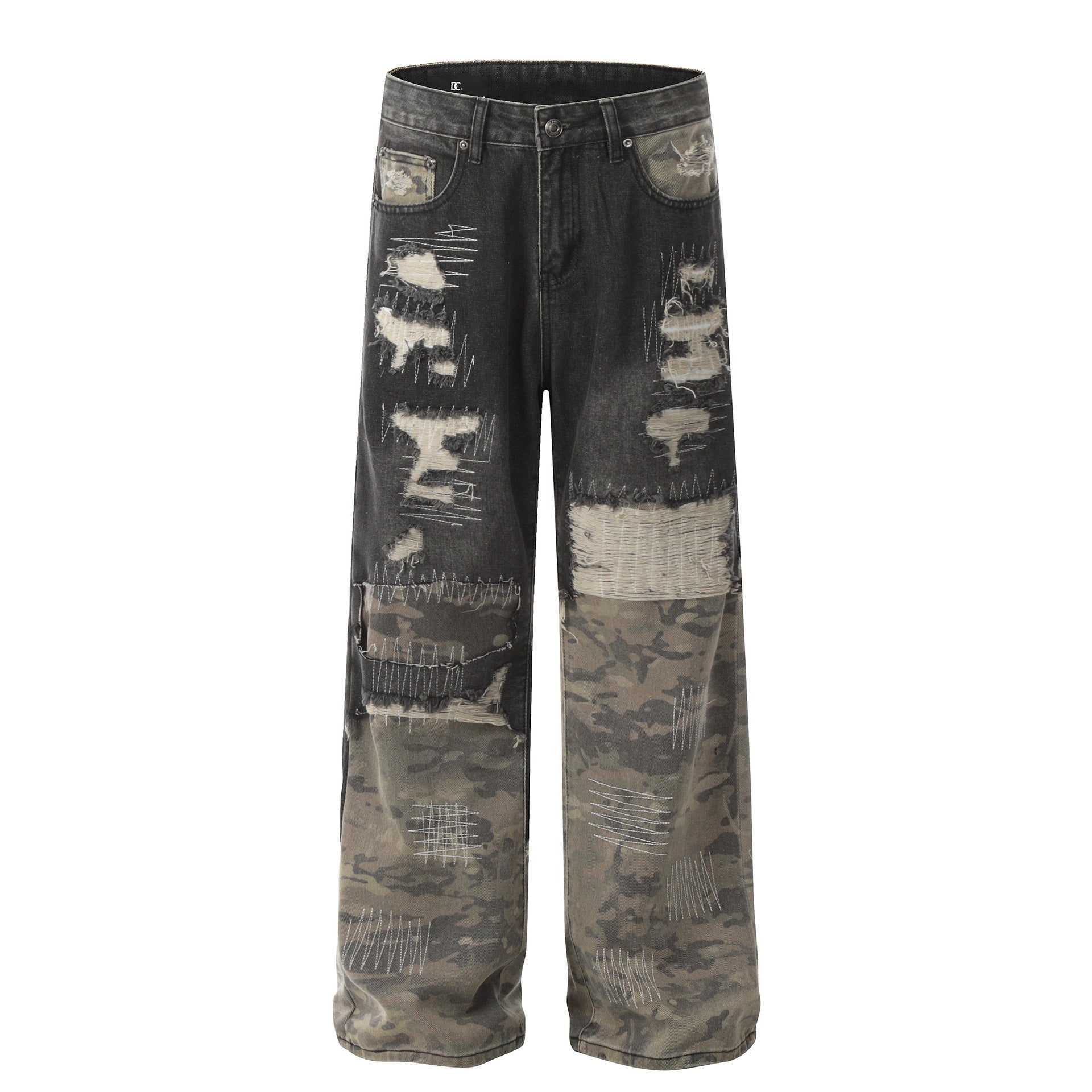 Niche Heavy Industry Washed Damaged Stitching Skinny Jeans