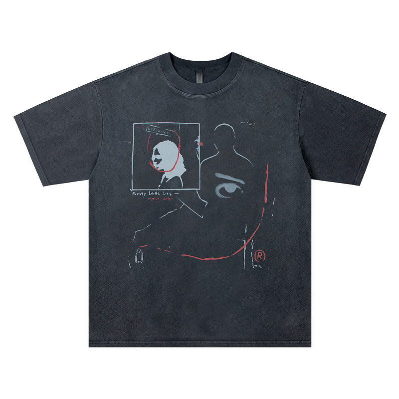 Washed And Worn Design Faded Illusory Face Print Short Sleeve Loose