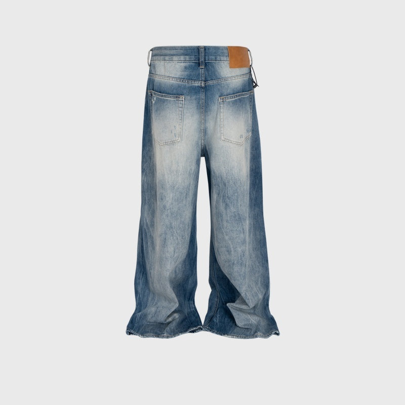 Wide Leg Brushed White Ripped Washed Distressed Frayed Blue Jeans